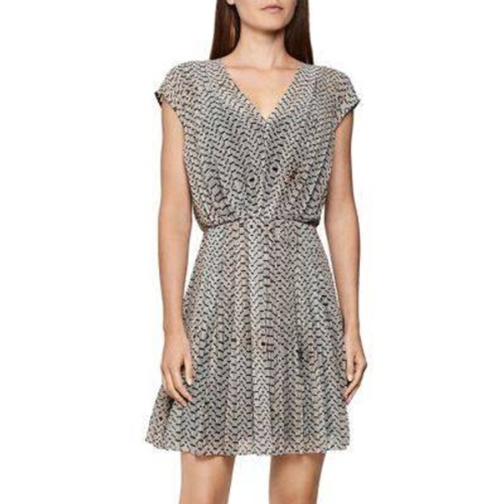 Reiss Marcy Geometric Pleated Fit & Flare Dress Womens 6 Black White Minimalist